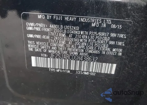 2016 Subaru Forester 2.5I из США, поврежденный, VIN JF2SJABC0GH438632